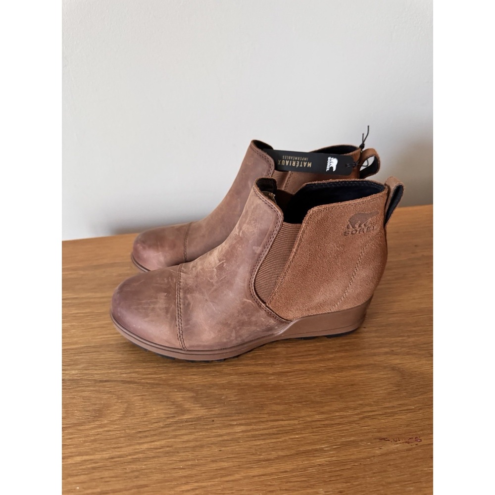 Sorel Evie Wedge Chelsea Boots Womens Size 8.5 Brown Leather Suede Pull On Shoes - Picture 4 of 10